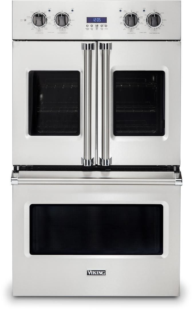 two ovens side by side, one with double doors and the other with dual burners