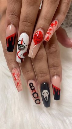 Scary Nails Horror Movies, Penny Wise Nails Acrylic, Spooky Halloween Nails Acrylic Long, Scary Nail Ideas, Horror Nails Almond, Halloween Horror Nail Designs, Halloween Nails It Movie, It The Clown Nails, Halloween It Nails