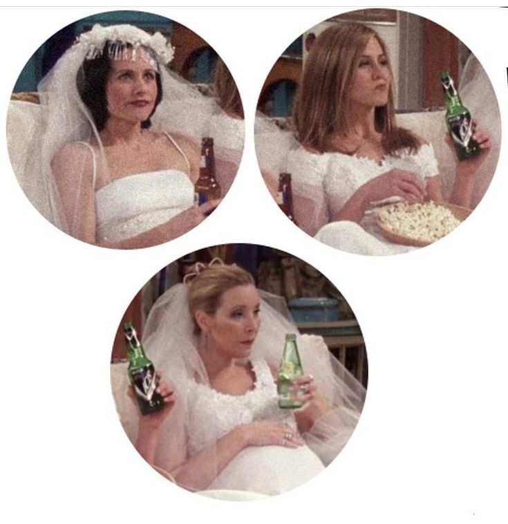 three pictures of two women in wedding dresses, one holding a beer and the other eating pizza