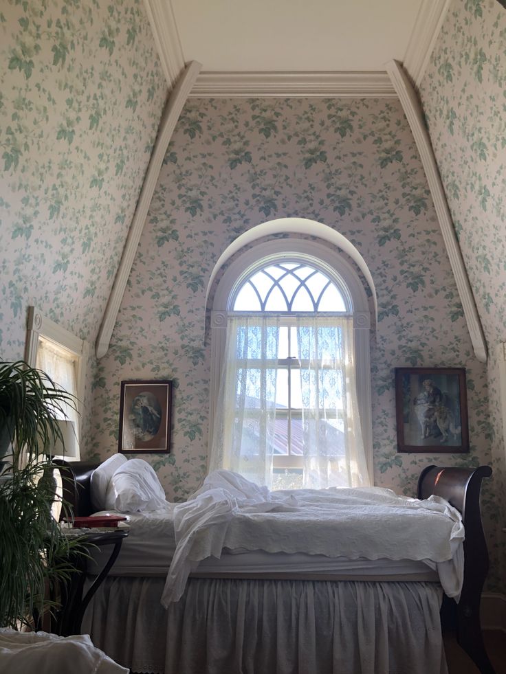 a bed sitting under a window in a bedroom next to a potted green plant