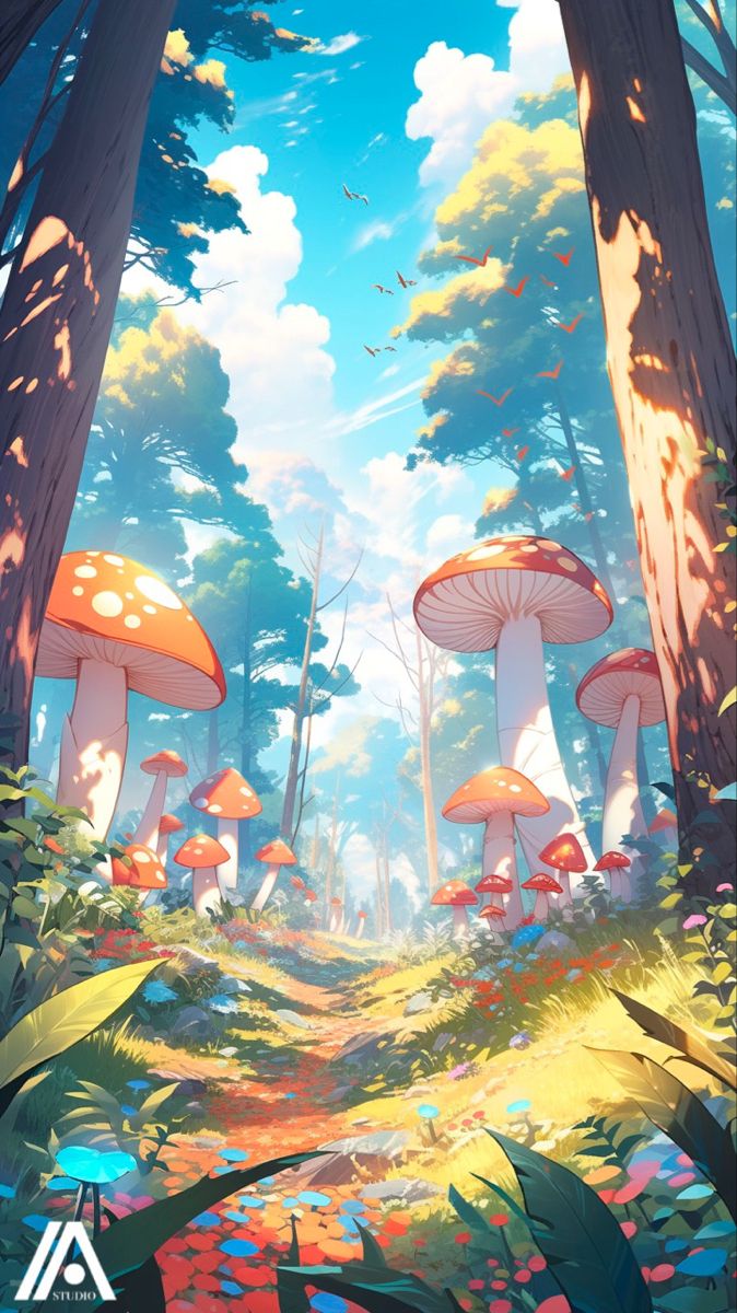 an anime landscape with mushrooms and trees