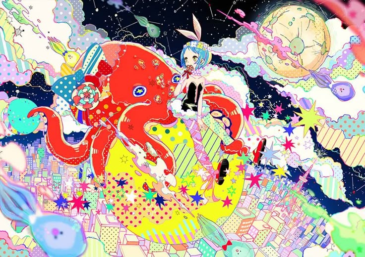 an octopus is floating in the air with stars and clouds around it, as well as other colorful objects