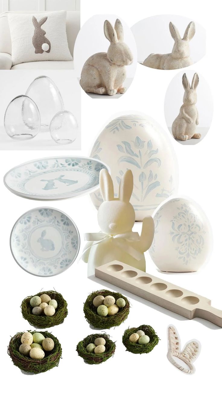 an assortment of easter decorations including eggs, bunny figurines and other decorative items