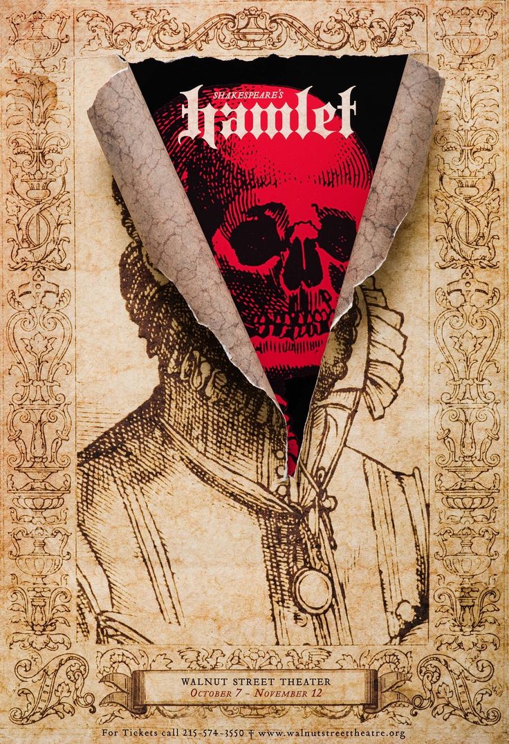 a piece of paper with a skull on it and the words hamlet written in red