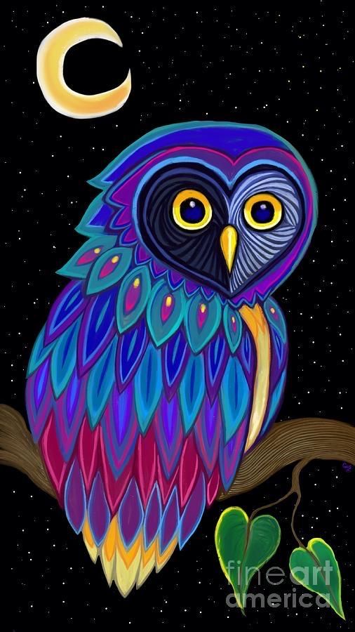 an owl sitting on a branch with the moon in the background