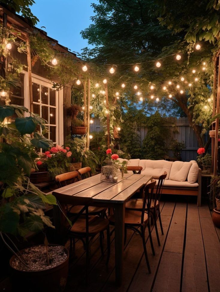 an outdoor patio with lights strung over it