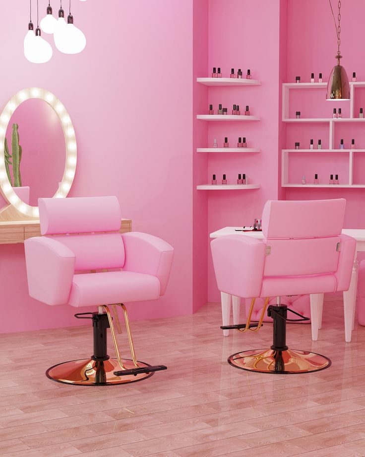 a pink room with two chairs and a mirror