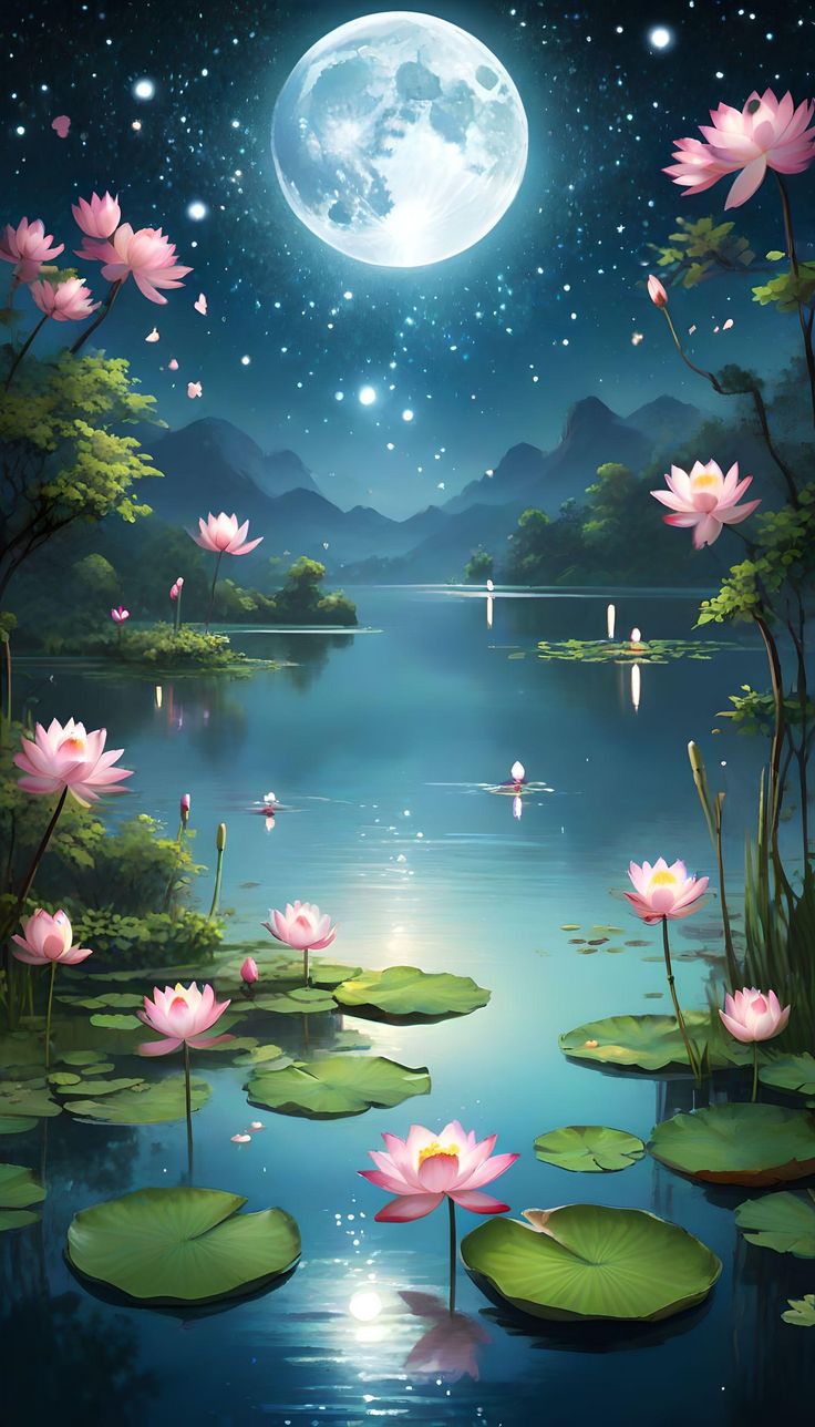 the full moon is shining above water lilies