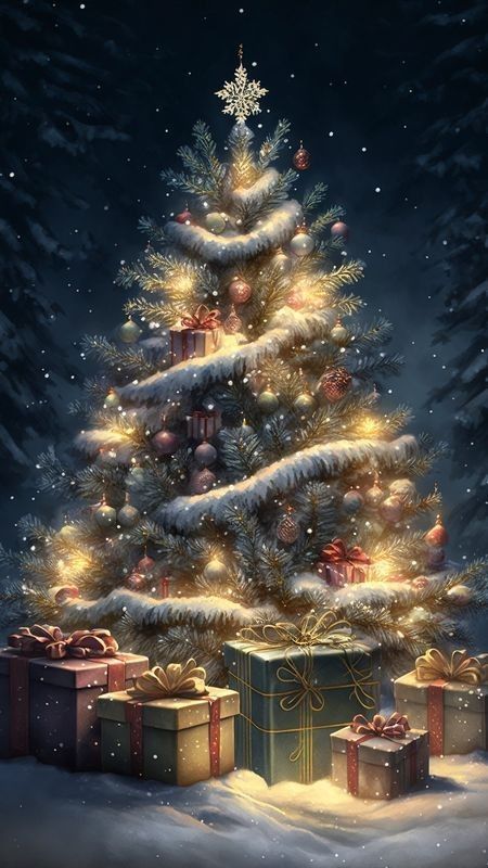 a painting of a christmas tree with presents under it