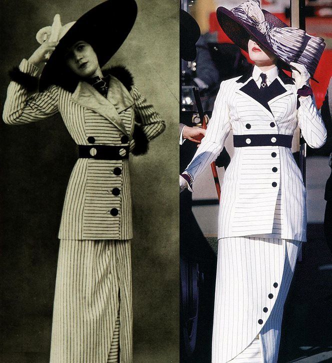 two women in long dresses and hats, one is wearing a dress with buttons on the side