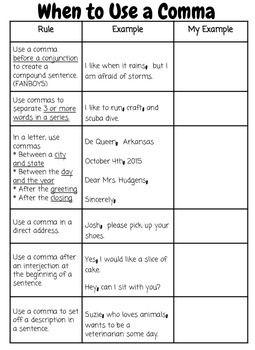 an activity sheet with the words when to use a comma