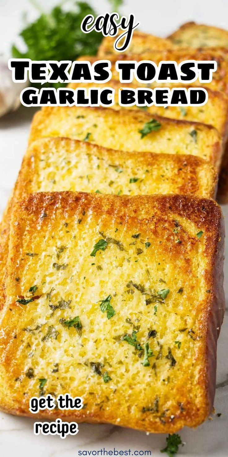 three slices of garlic bread on a plate with the text easy texas toast garlic bread