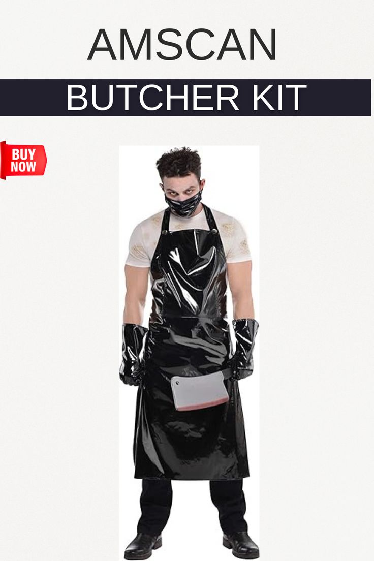 a man wearing an apron and rubber gloves with the words butcher kit written on it