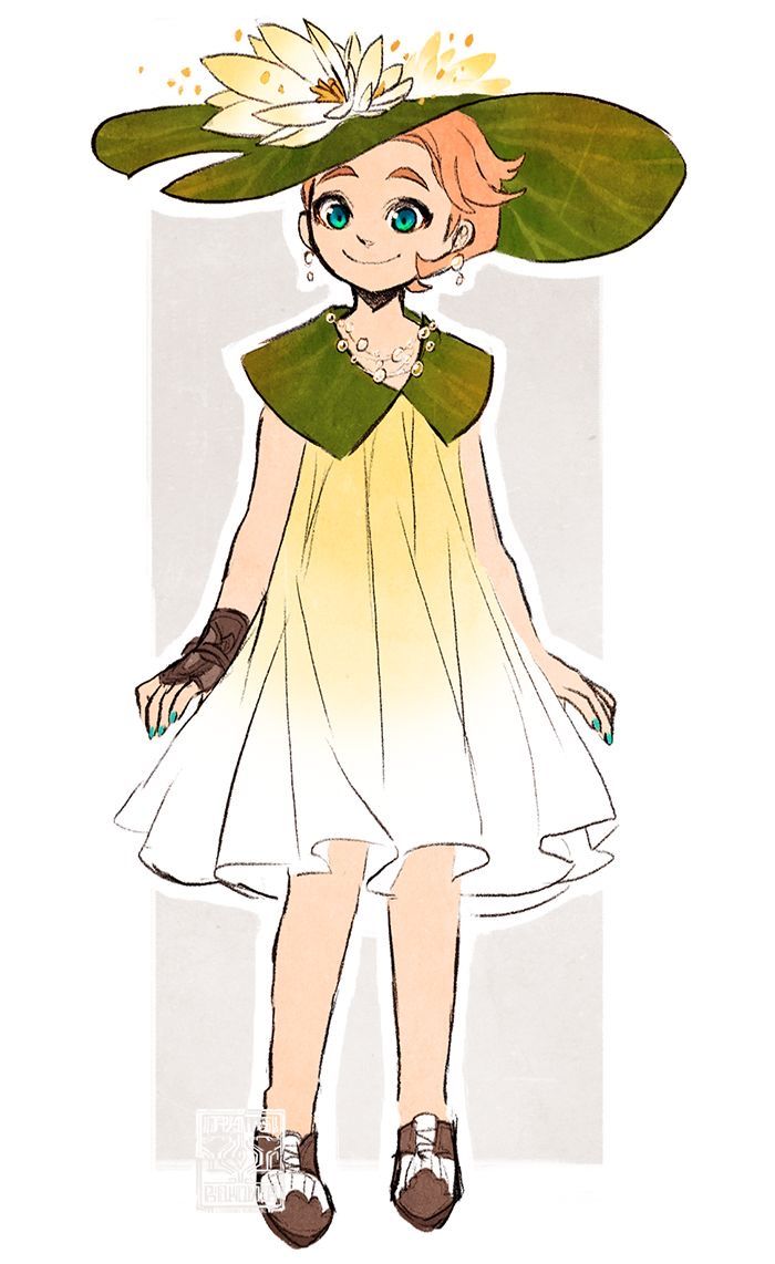 a drawing of a girl in a dress and hat with leaves on it's head