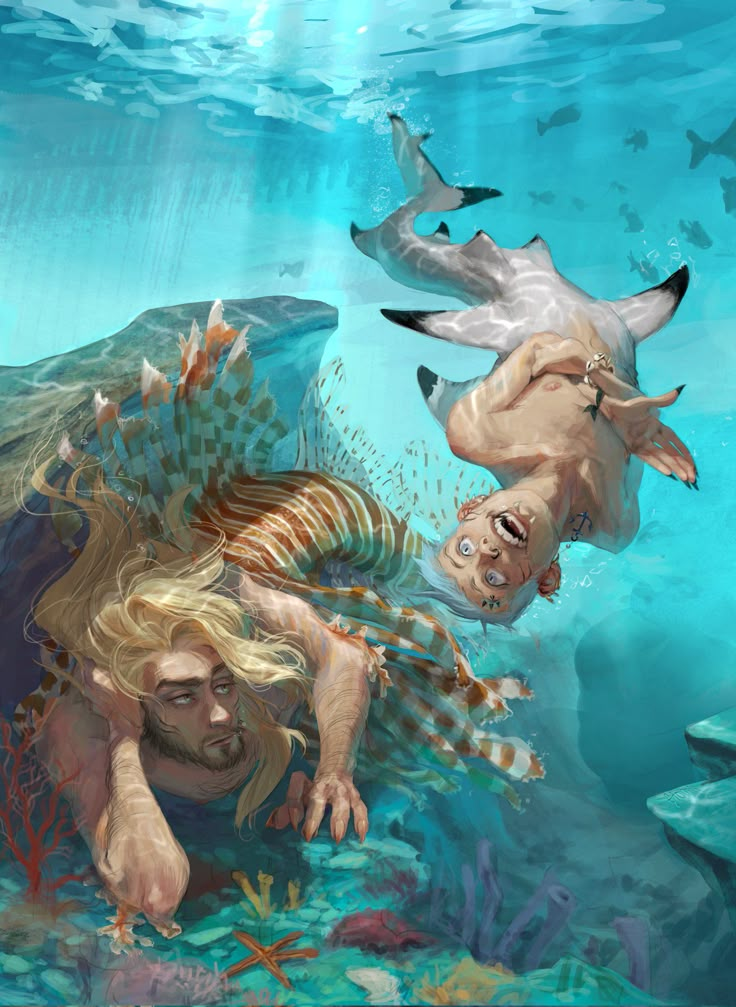 a painting of a mermaid and two dogs swimming in the ocean with fish around her