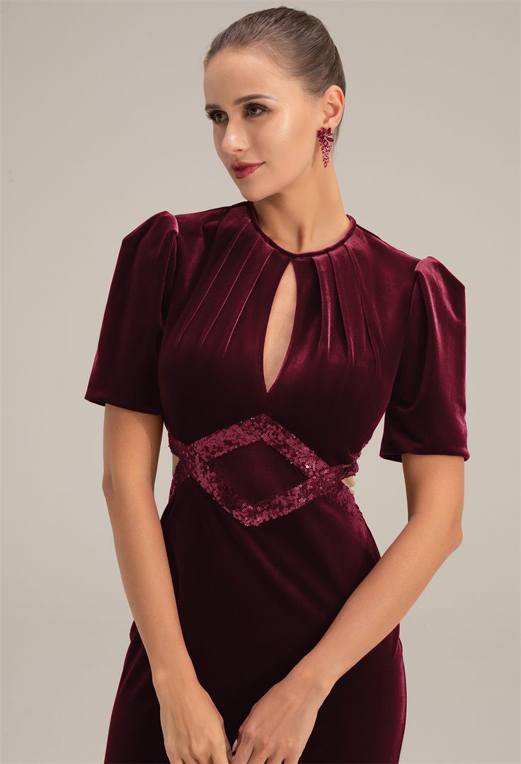 Dance with grace in our mermaid silhouette floor-length bridesmaid dress. With its jewel neckline and velvet sequin fabric, it can bring out the elegance you desire. Velvet Bridal Dress, Burgundy Wedding Guest Dress, Chanel Loafers, Red Velvet Dress, Velvet Gown, Eve Dresses, Guest Attire, Burgundy Velvet, Winter Outfit Inspiration