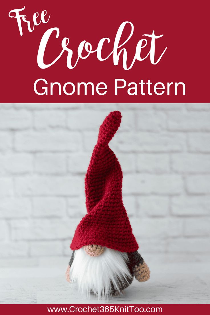 a crocheted gnome hat with text overlay that reads free crochet gnome pattern