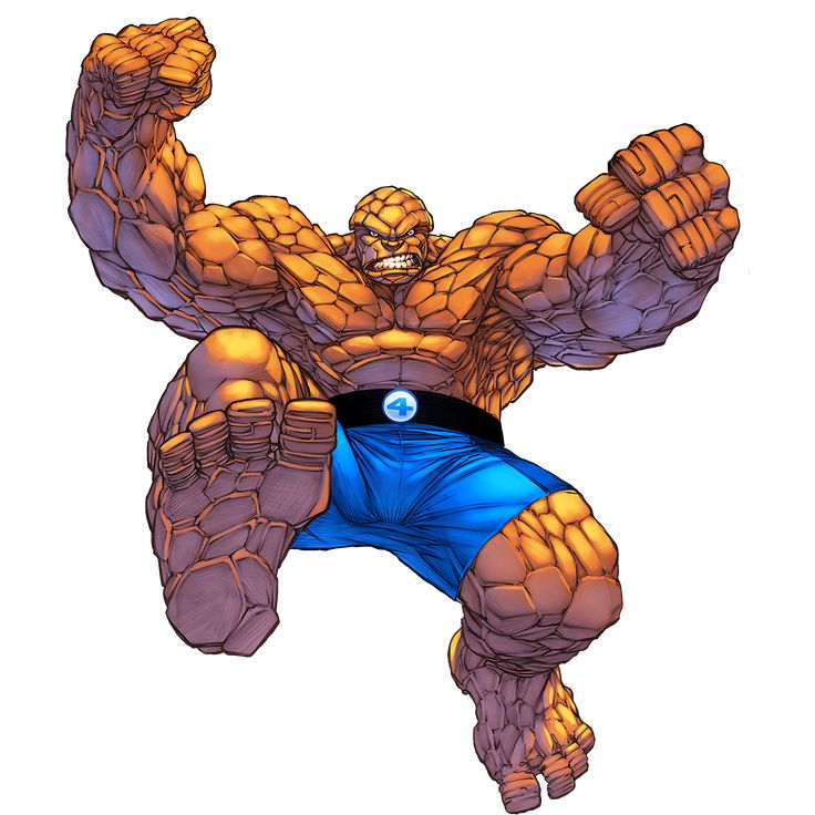 an image of the thing - man that appears to be from fantastic four, with his hands in the air