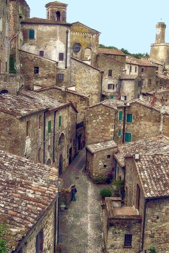 an aerial view of some old buildings and cobblestone streets