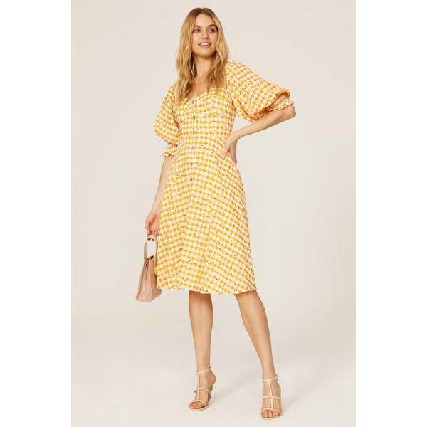 Yellow crepe (100% Polyester). Hourglass. Sweetheart neckline. Three-quarter sleeves. Back zipper closure. 42.5" from shoulder to hemline. Imported. Navy Blue Dress Casual, Gingham Midi Dress, Seersucker Dress, Bow Detail Dress, Rent The Runway, Yellow Print, Fitted Skirt, Faux Wrap Dress, Dress With Pockets