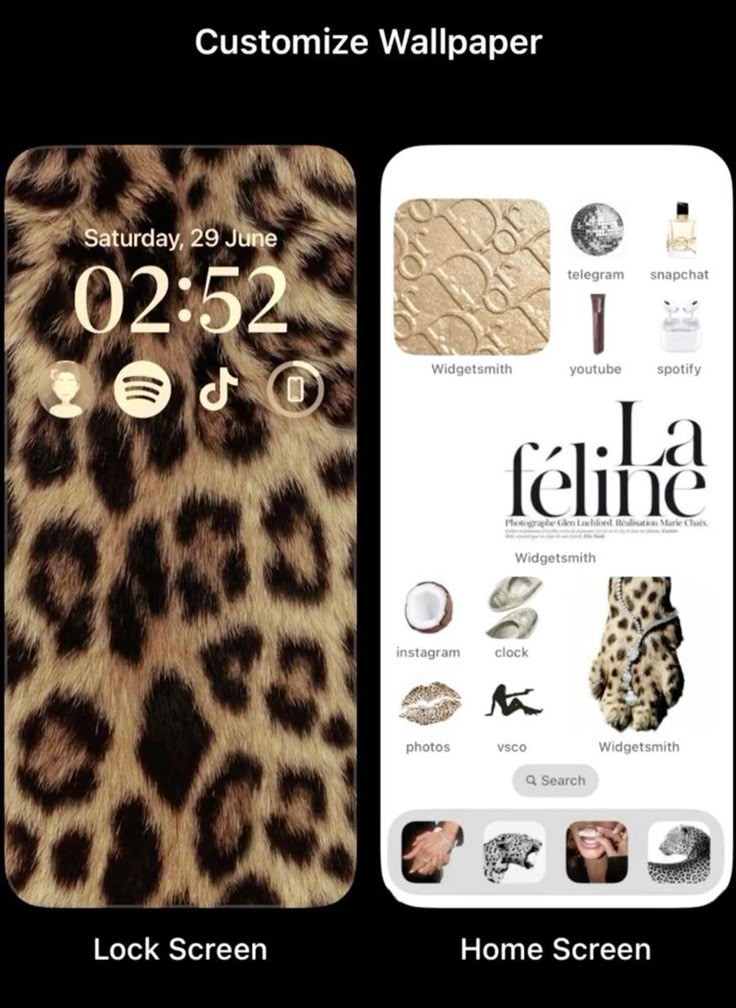 two iphone screens showing the same wallpapers as well as an animal print pattern