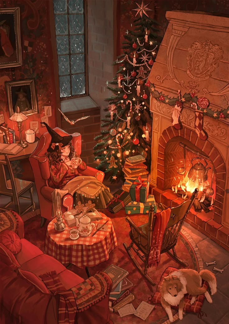 a living room filled with furniture and a fire place next to a christmas decorated tree