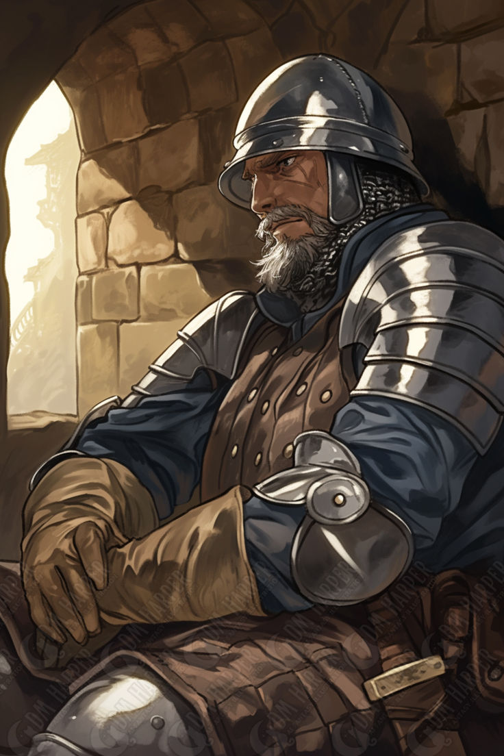 a painting of a man in armor sitting down