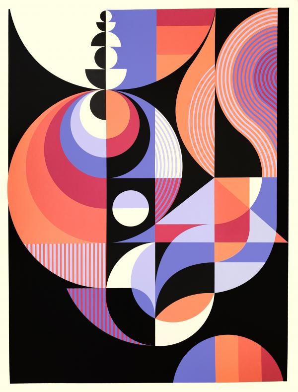 an abstract painting with different colored shapes and lines on black background, including orange, pink, purple, and white circles