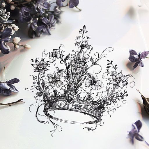 a drawing of a tiara surrounded by purple flowers and butterflies on a white surface