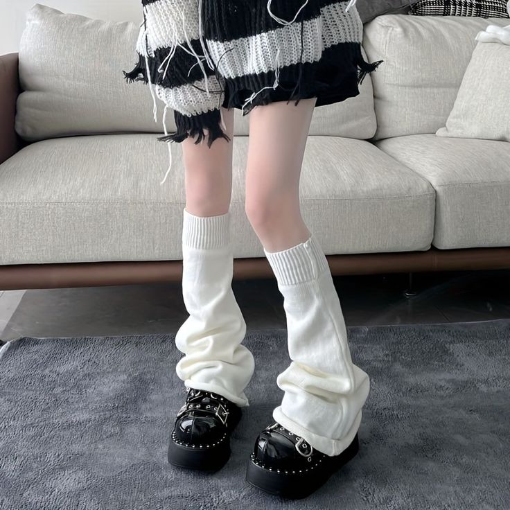 Striped Knitted Leg Warmers, Kawaii All-match Knee High Socks, Women's Stockings & Hosiery Black 1 Pair-One-size Wide Leg Warmers, Loose Leg Warmers, Cream Leg Warmers, Baggy Leg Warmers, Goth Kawaii Outfits, Chunky Leg Warmers, Legwarmers Outfit, Warmer Outfits, Outfits With Leg Warmers