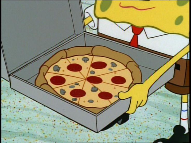 spongebob holding up a pizza in an open box