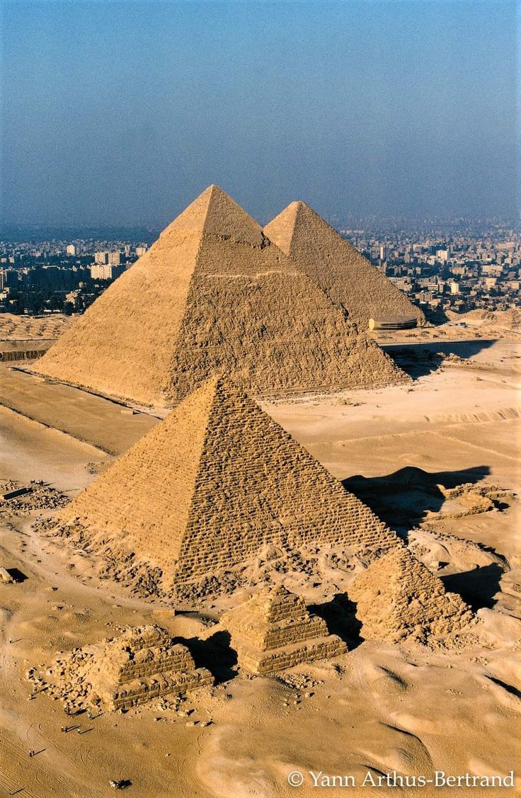 the great pyramids of giza are shown in this aerial view from an airplane