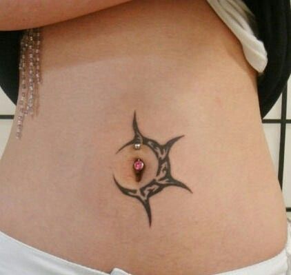 a woman's stomach with a tattoo design on the side and an arrow in the middle