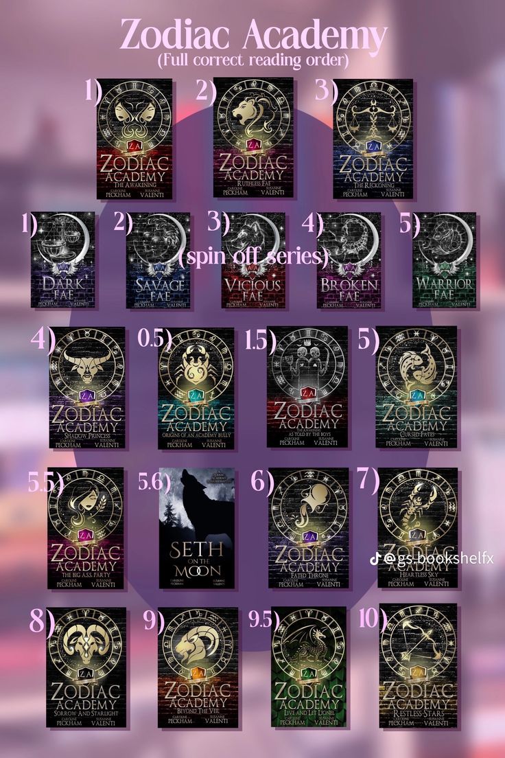 the zodiac academy book series is shown in purple and black with white numbers on it