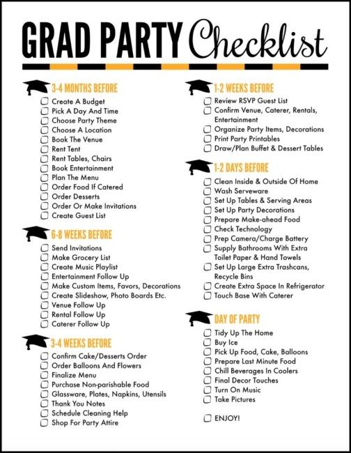 a graduation party checklist with black and yellow details on it, including the words grad party checklist