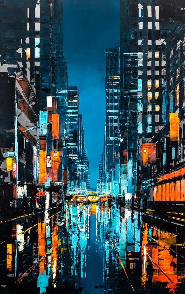 an abstract painting of cityscape with buildings and street lights in the rain at night