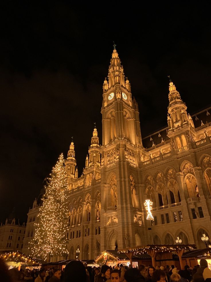 people standing in front of a large building with christmas lights on it's sides