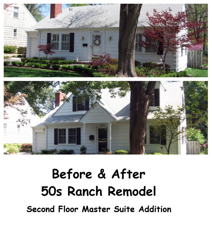 before and after 50s ranch remodel with second floor master suite addition in the front yard