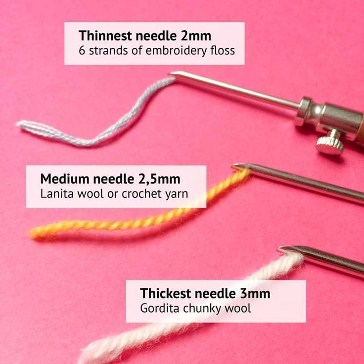 three different types of crochet needles on a pink surface with text describing them