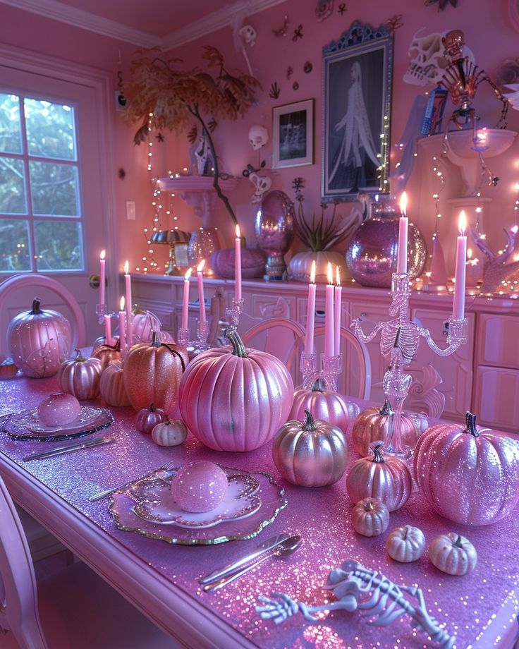 the table is set with pink and silver pumpkins, candles, and other decorations