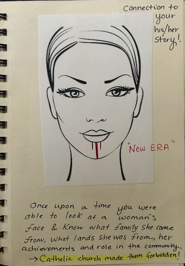 a drawing of a woman's face with words written on it