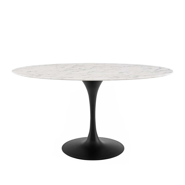 an oval white marble dining table with black metal base and round top, viewed from the front