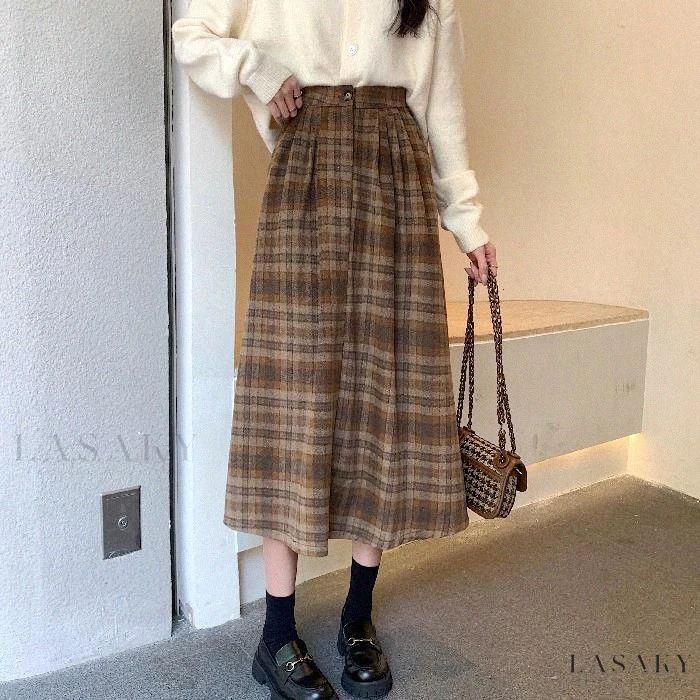 Lasaky - Brown Checkered Pleated Midi Skirt with High Waist and Large Hem Umbrella Style Warm Skirts, Long Plaid Skirt, Fashion Umbrella, Umbrella Skirt, Plaid Pleated Skirt, Nature Dress, Pleated Long Skirt, Skirts Midi High Waisted, Long Skirts For Women