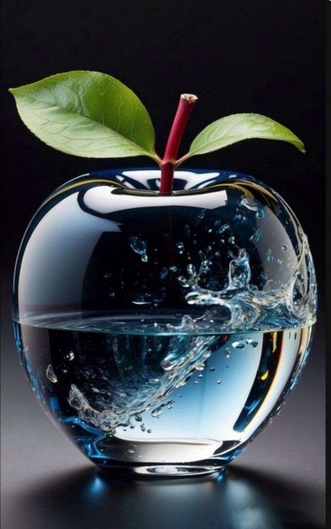 an apple with water and a leaf in it