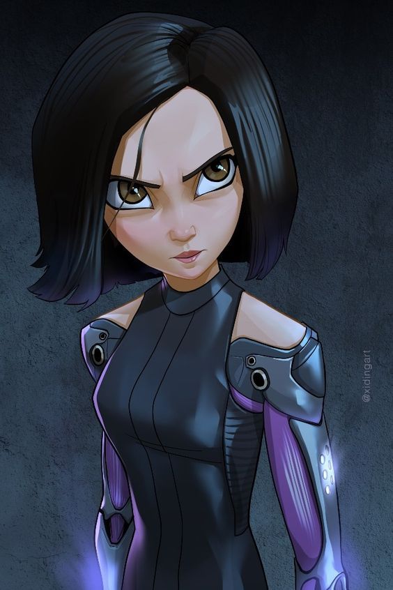 an animated woman with black hair and blue eyes, wearing a purple leather outfit is standing in front of a dark background