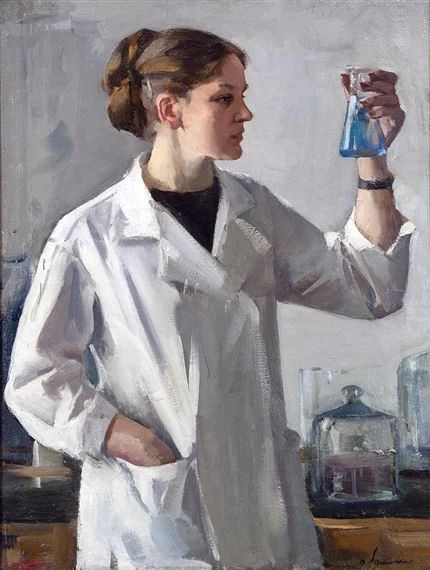 a painting of a woman in white lab coat holding a flask