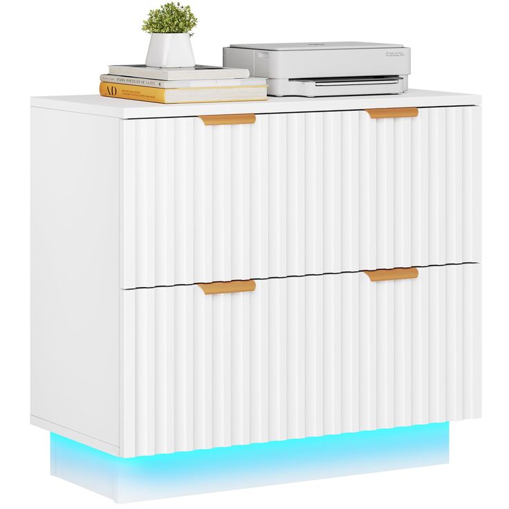 a white cabinet with two drawers and a printer on top of it, against a white background