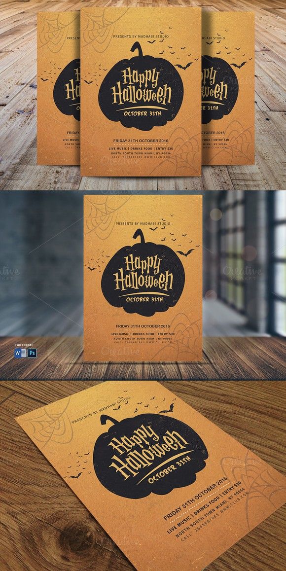 halloween party flyer template with pumpkins and bats on the front, in yellow and black