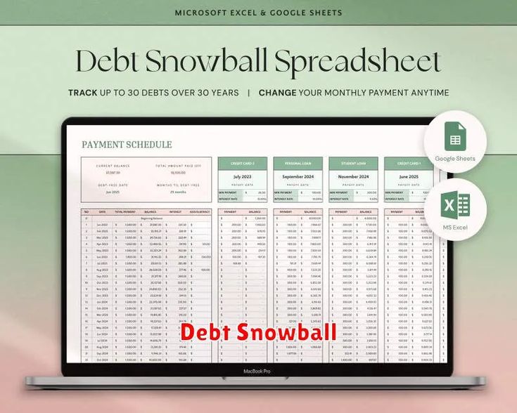 the debt snowball spreadsheet is displayed on a laptop screen with red text