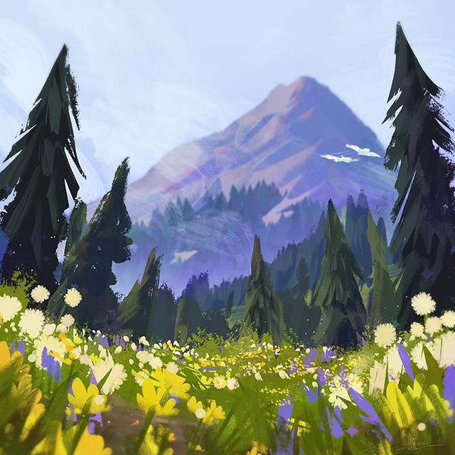 a painting of trees and flowers in the foreground with a mountain in the background